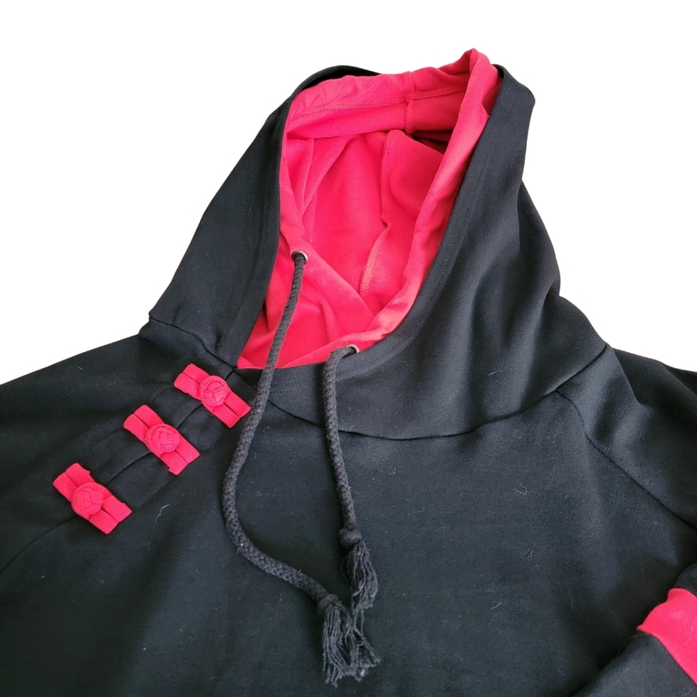 Womens Hoodie Black With Red Details Slim Fit Double Hood Fits Sz 1X/2X - Picture 6 of 14